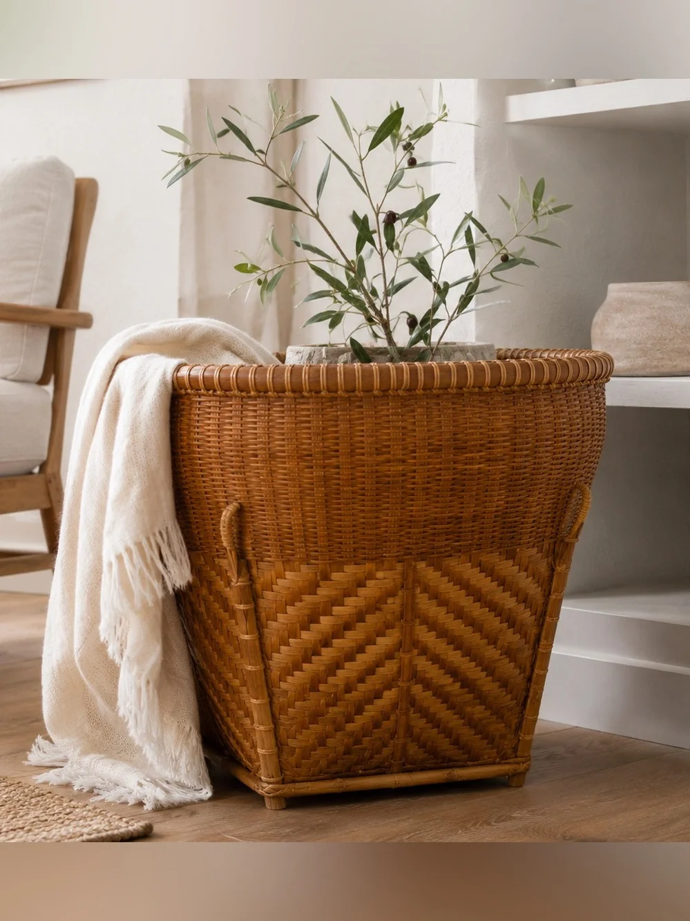 Vintage 1970s Thai Kra Bung Handwoven Bamboo Rattan Basket Large Decor Vessel